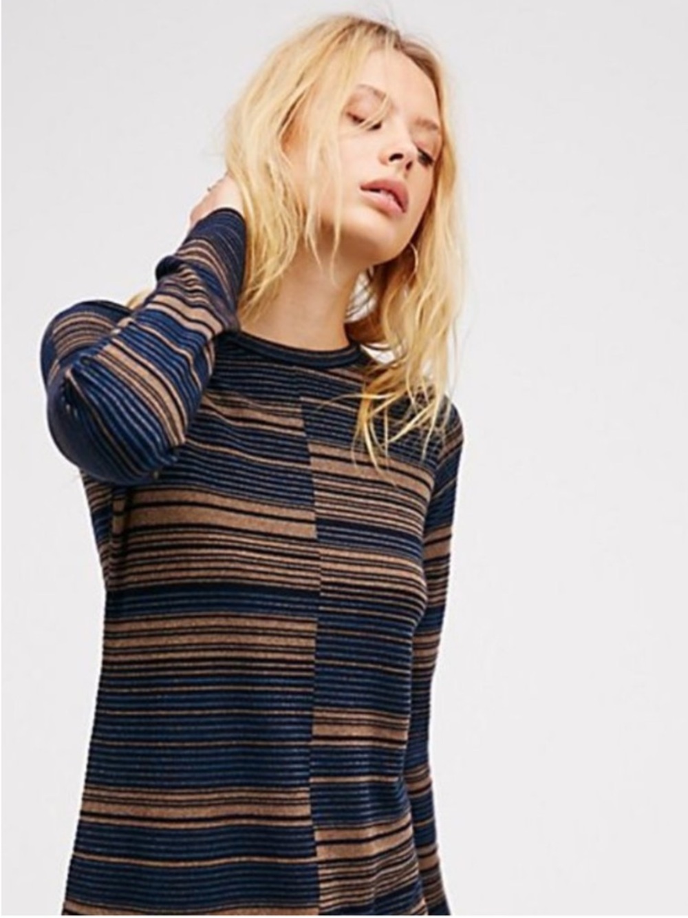 Free People Navy and Brown Striped Long-Sleeve Shift Dress